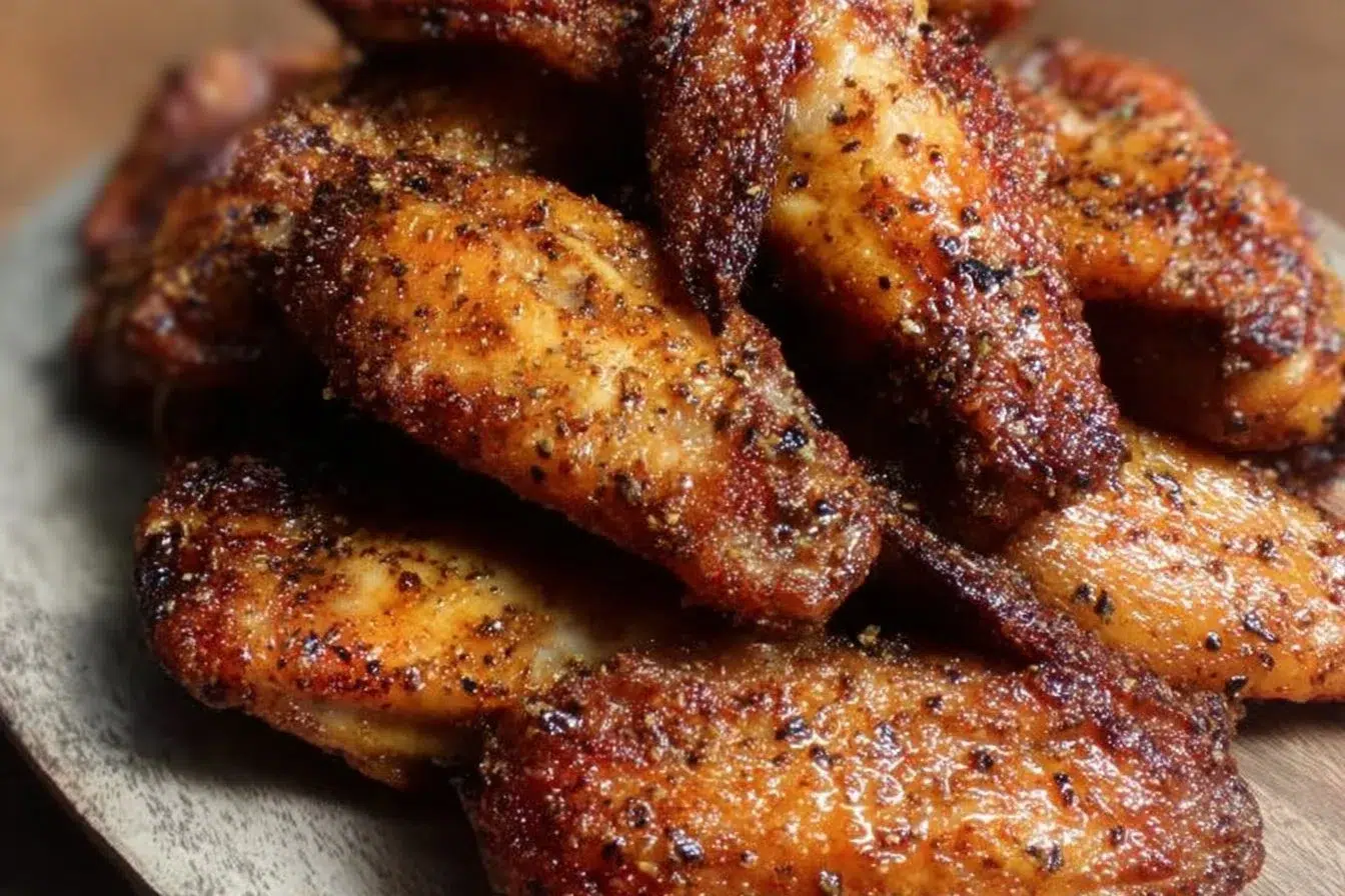 Plate of delicious dry rub chicken wings garnished with herbs