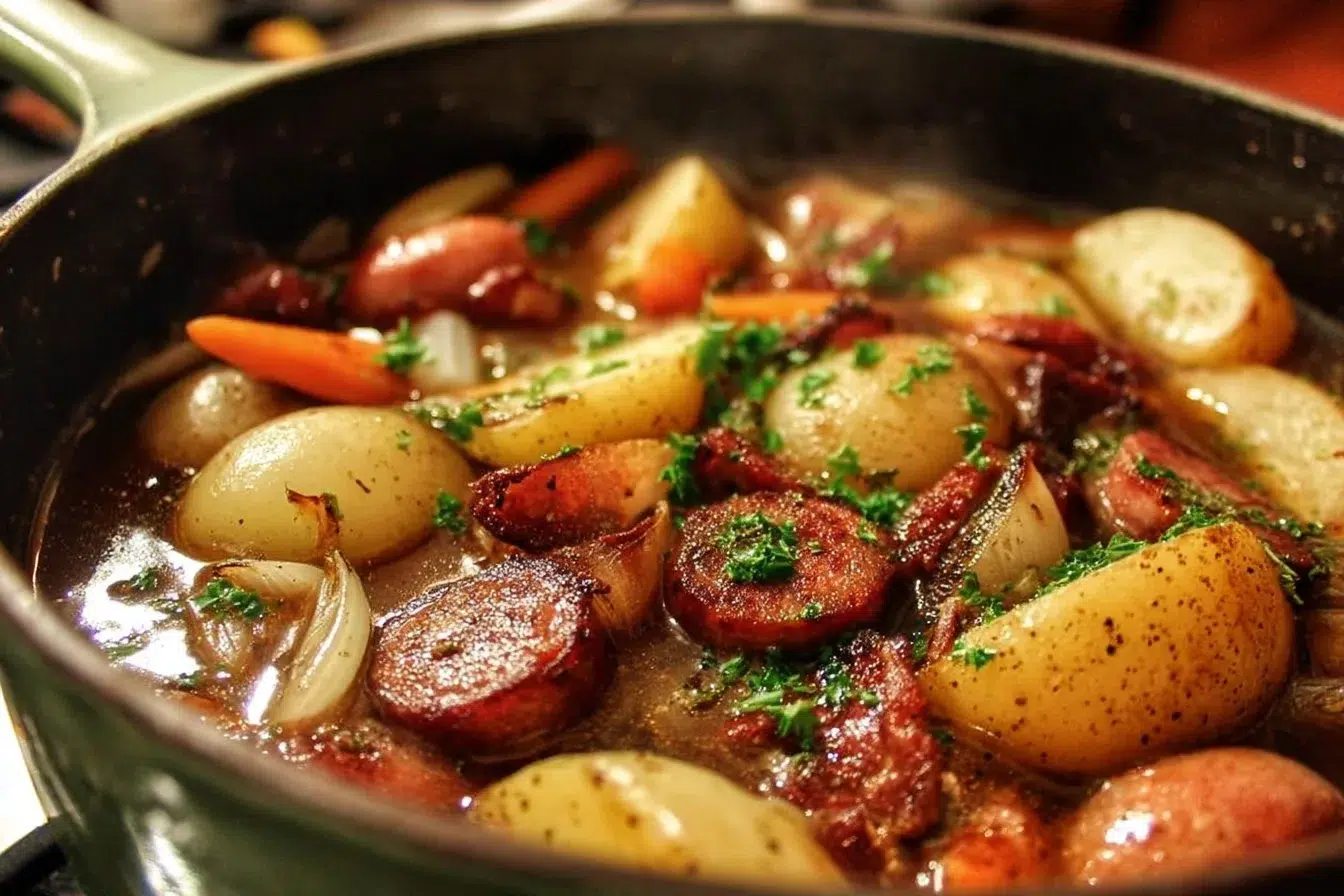 Bowl of Dublin Coddle, a traditional Irish stew with sausages and bacon