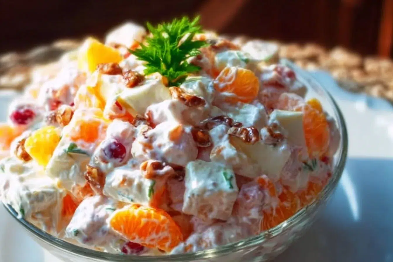 Easter Ambrosia Salad with colorful fruit and marshmallows in a bowl