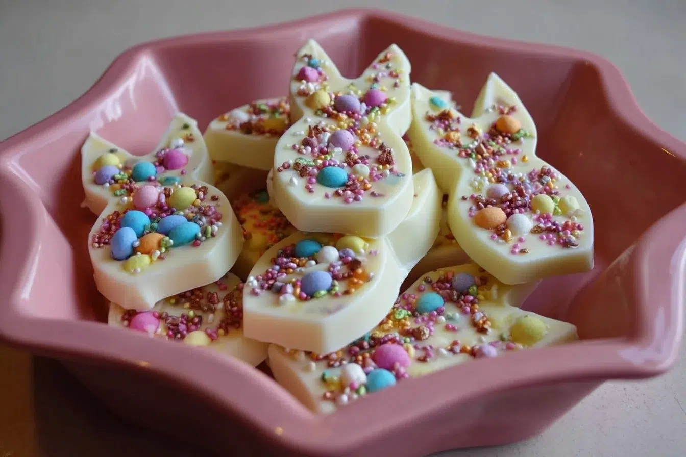 Easter Bunny Bark decorated with bright pastel chocolates and sprinkles.
