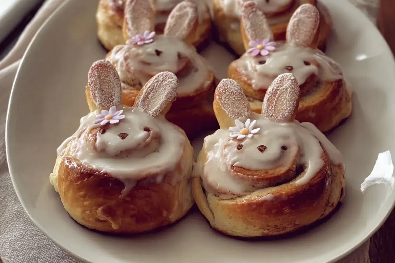 Easter Bunny Cinnamon Rolls shaped like bunnies, drizzled with icing