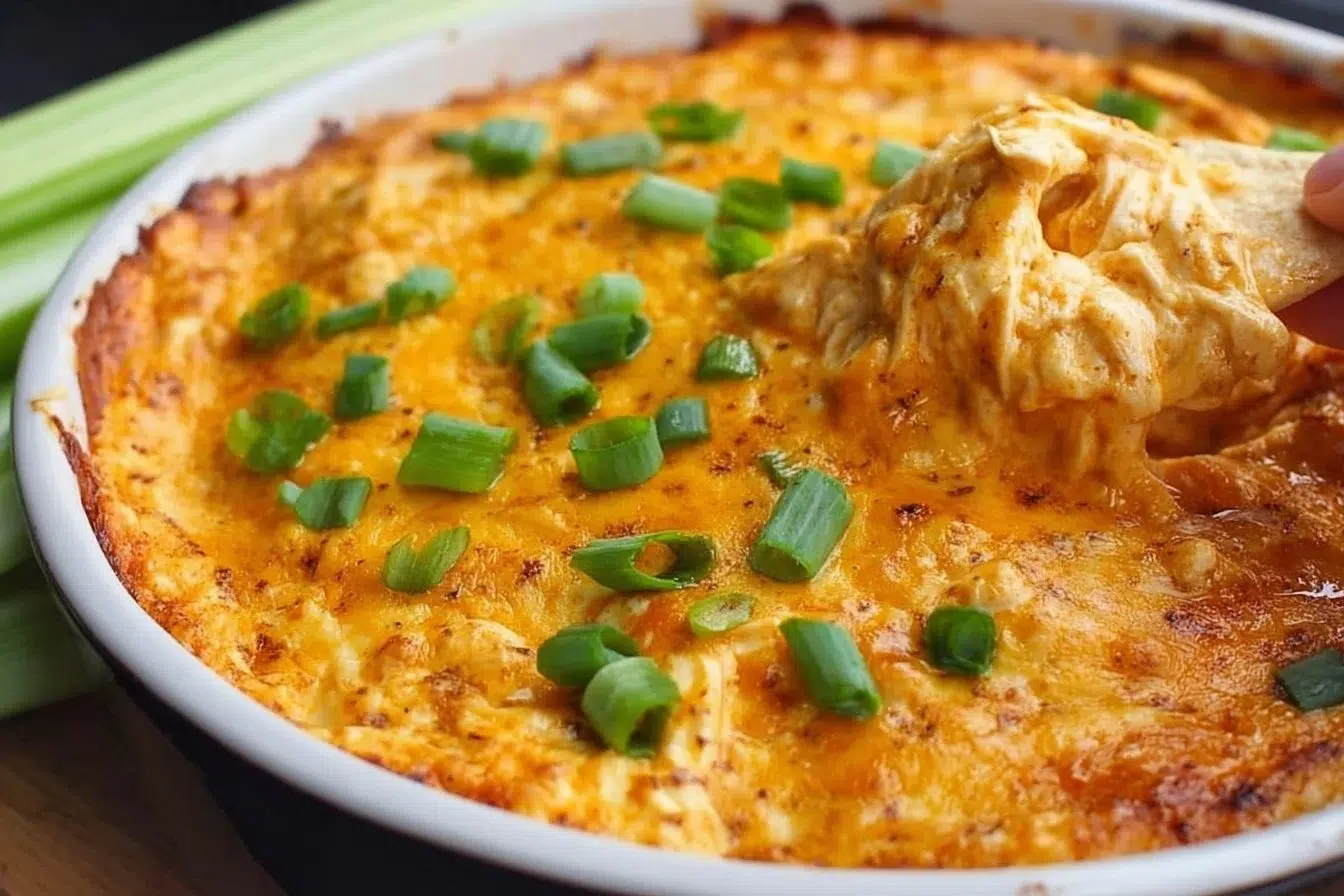 Delicious baked buffalo chicken dip served in a dish