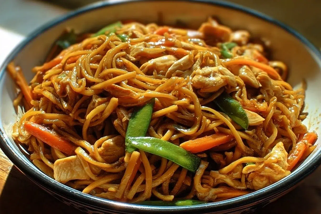 Plate of easy chicken lo mein with colorful vegetables and chicken slices