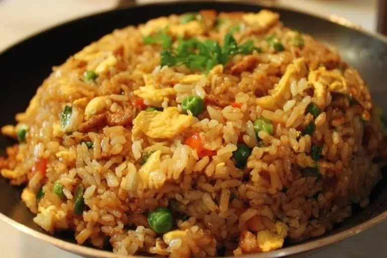 Plate of easy fried rice with vegetables and eggs garnished with green onions