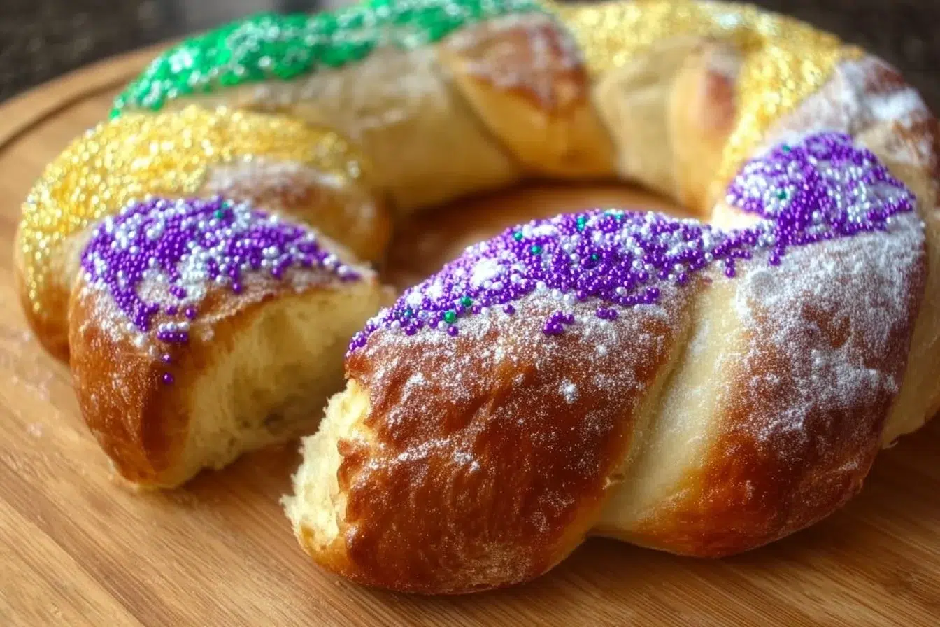 Delicious homemade king cake decorated with colorful icing and beads.