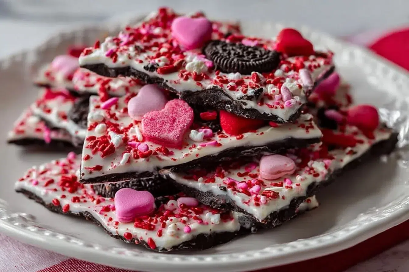 Delicious Valentine's Oreo Bark decorated with hearts and sprinkles.