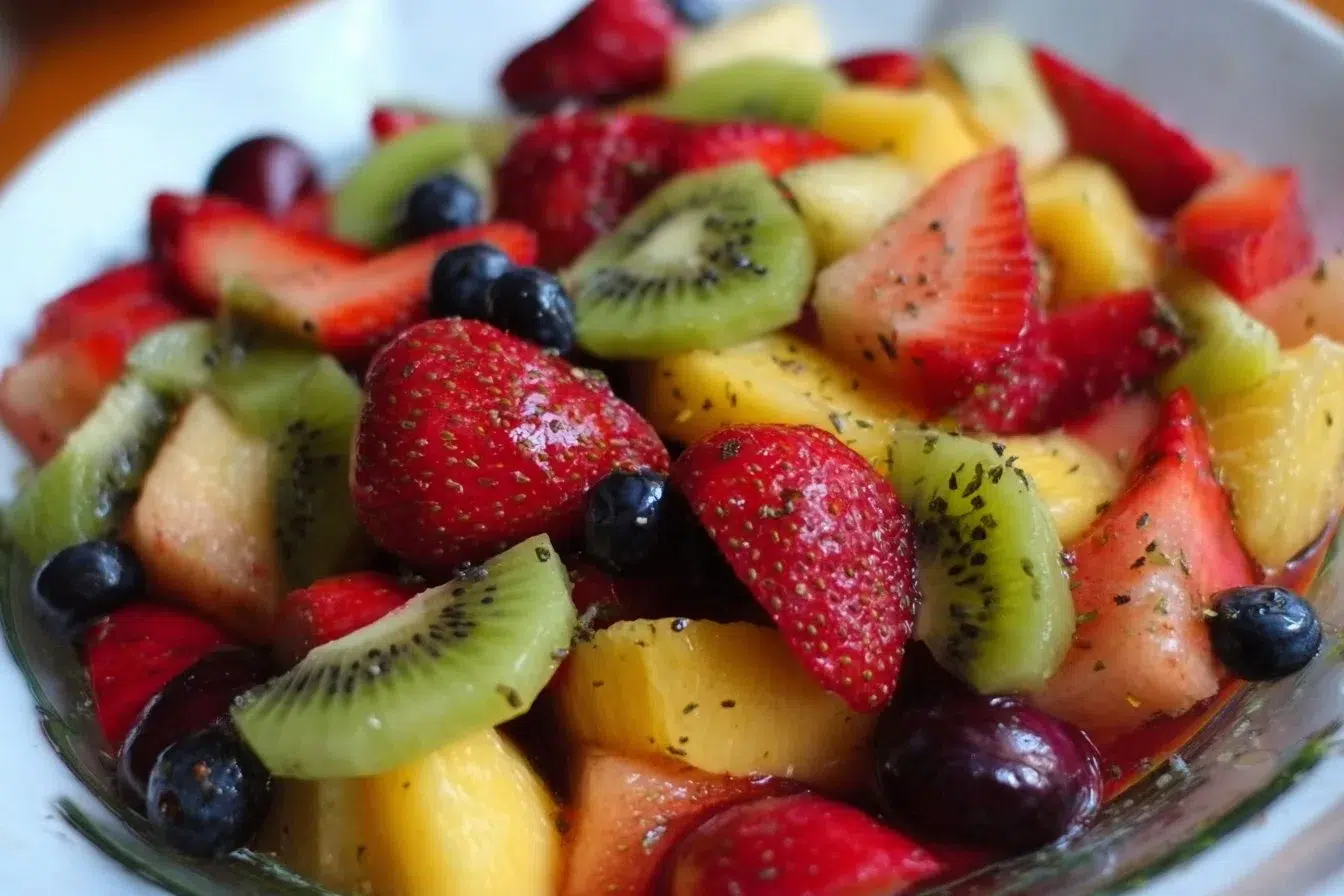 Colorful fruit salad drizzled with honey lime dressing in a bowl
