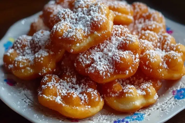 Delicious funnel cake donuts topped with powdered sugar and sprinkles