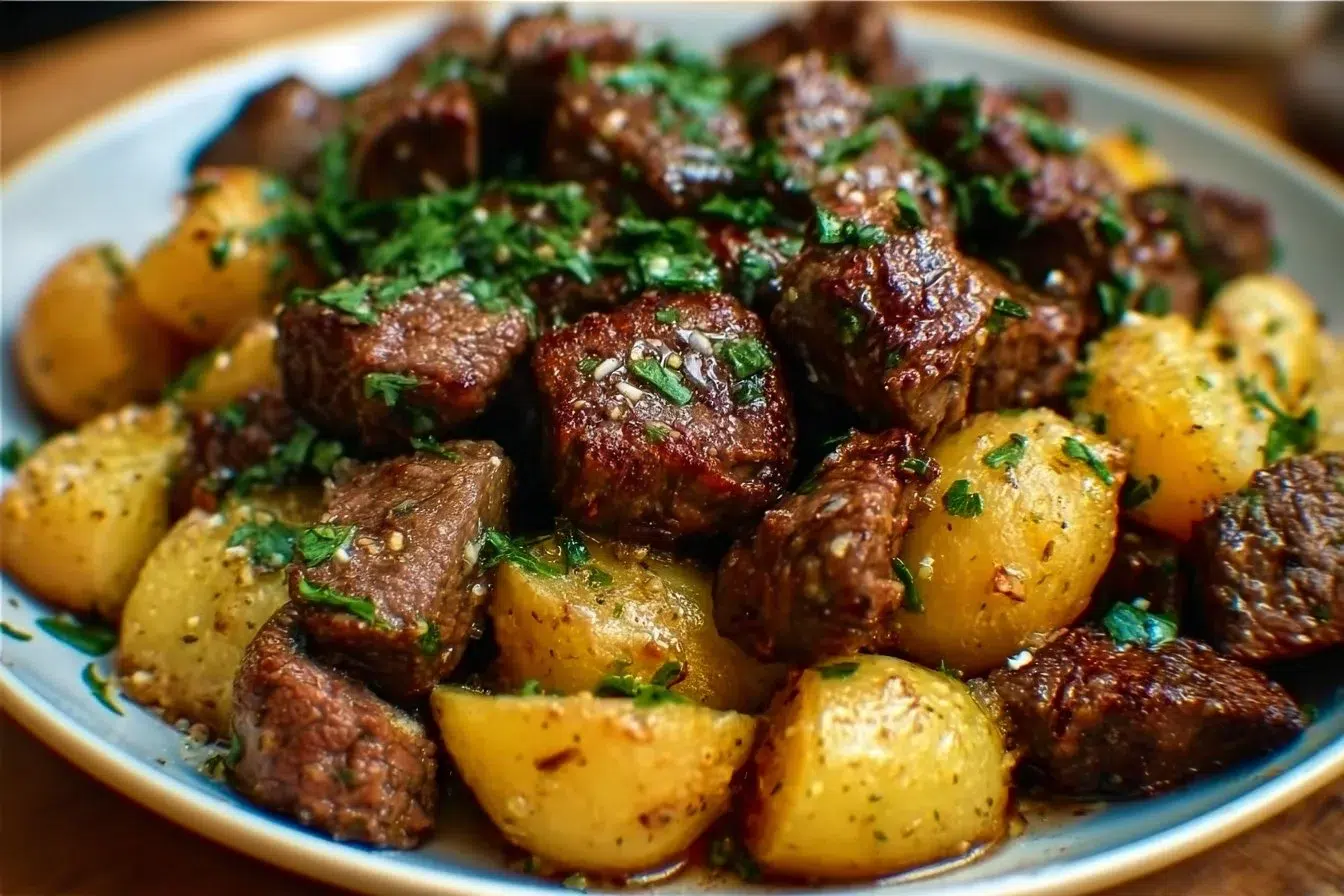Garlic Butter Beef Bites served with crispy potatoes
