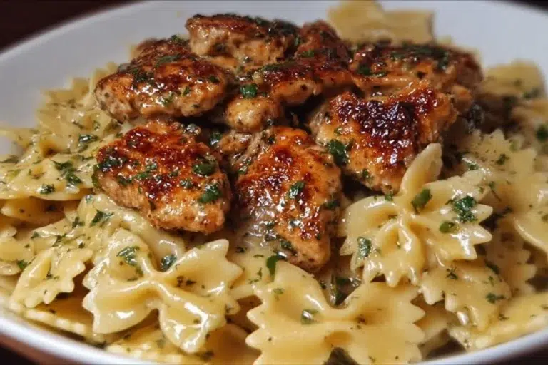 A plate of Garlic Butter Chicken served with bowtie pasta garnished with herbs.