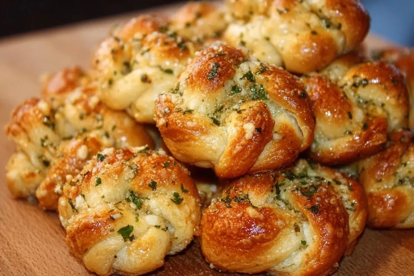 Freshly baked garlic knots served with marinara sauce