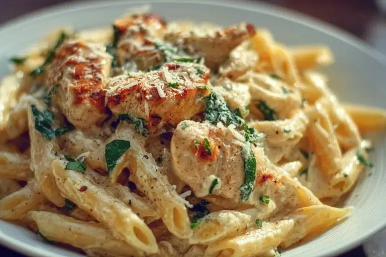 Creamy Garlic Parmesan Chicken Pasta with herbs and spices