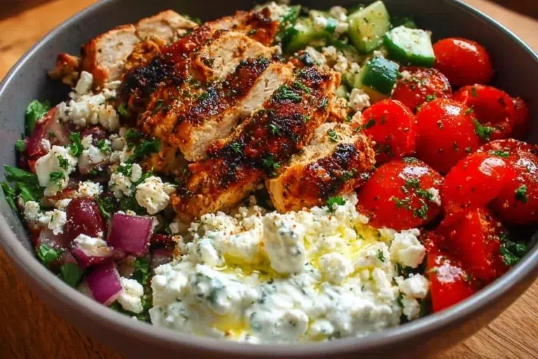 Delicious Greek Chicken Bowls with fresh vegetables and feta cheese