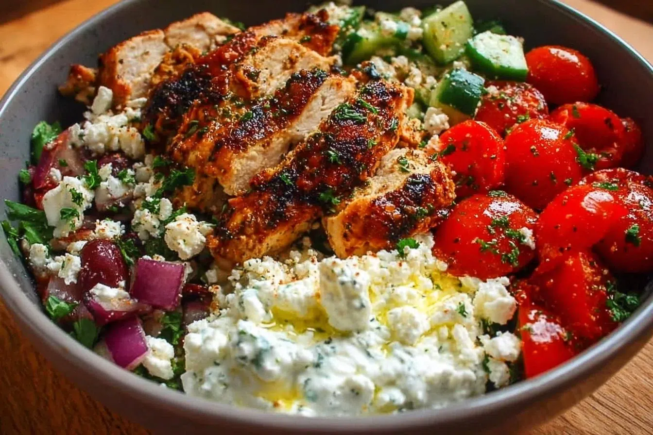 Delicious Greek Chicken Bowls with fresh vegetables and feta cheese