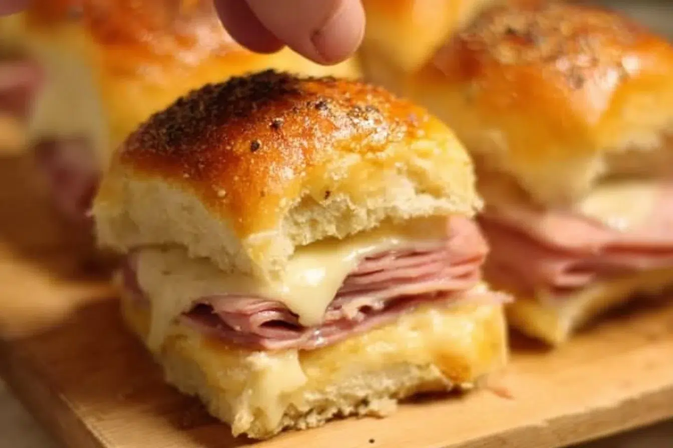 Delicious ham and cheese sliders on a serving platter.