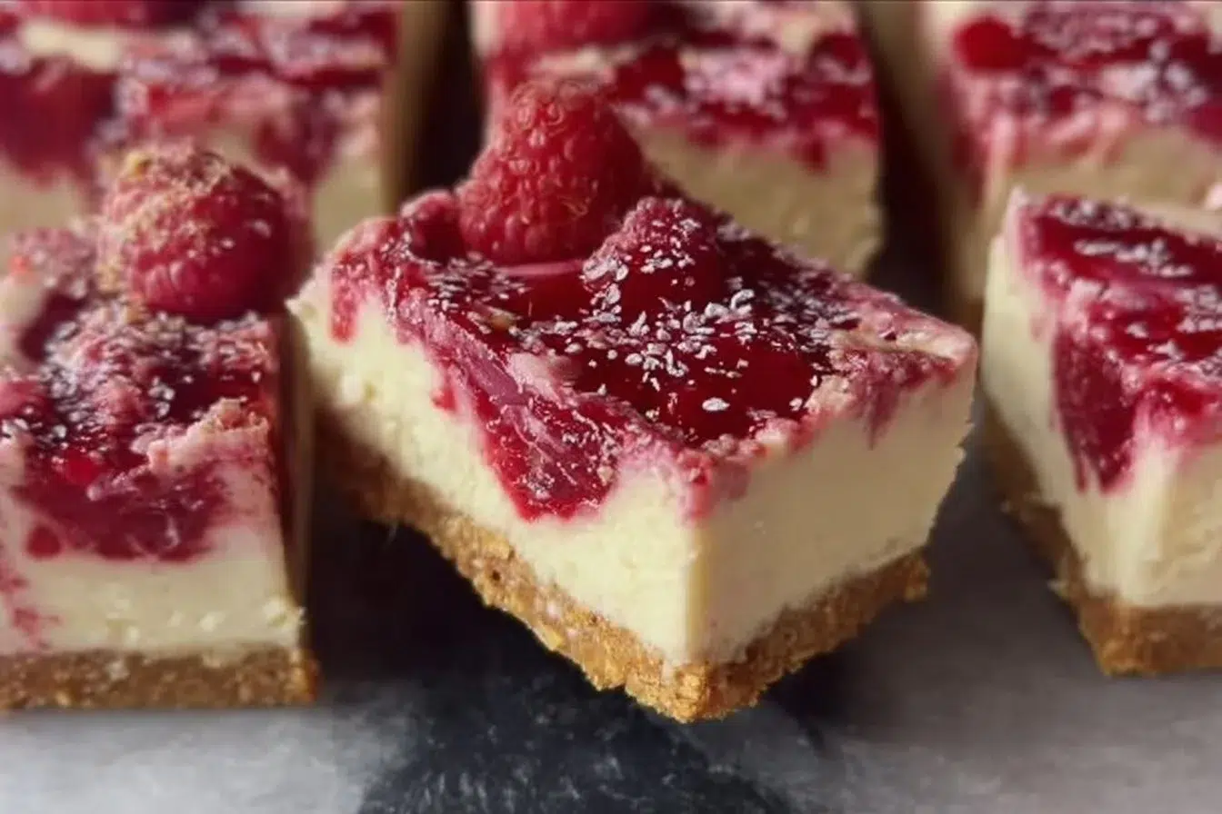 Healthy high protein raspberry cheesecake bars on a plate