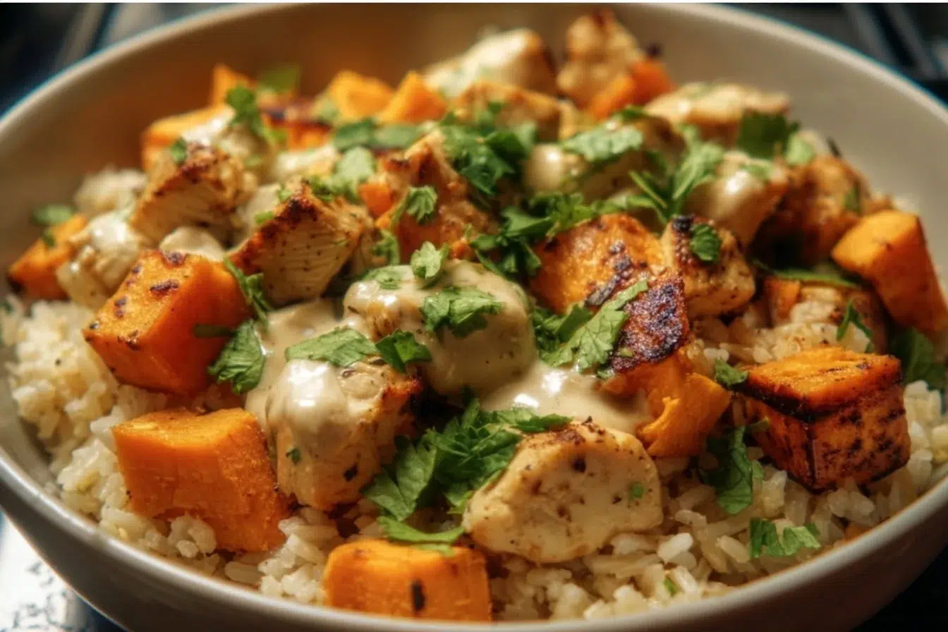 Healthy chicken and sweet potato rice bowl with vegetables