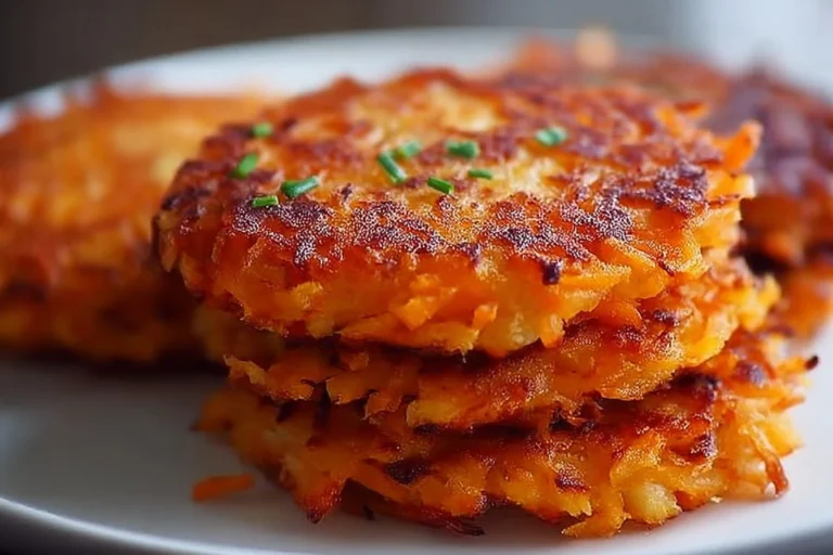 Healthy sweet potato hash browns served on a plate with herbs