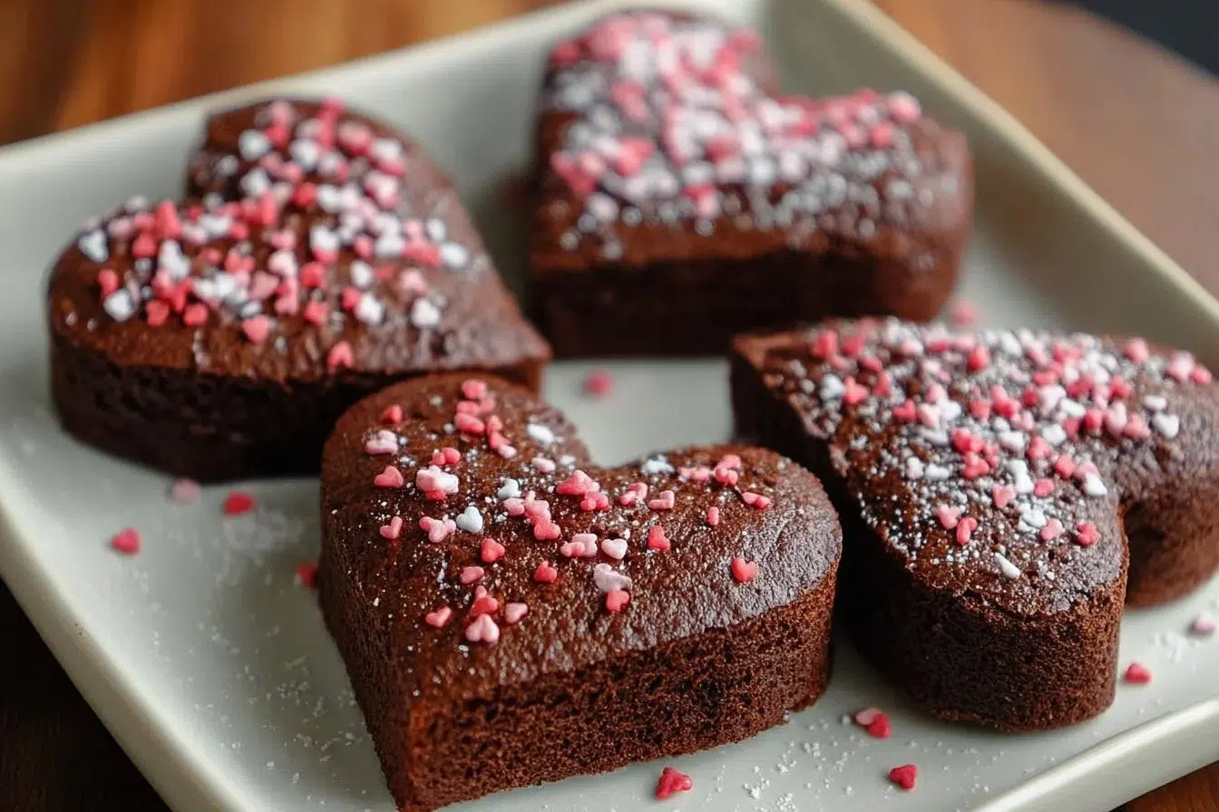Delicious heart-shaped brownies decorated with chocolate and love