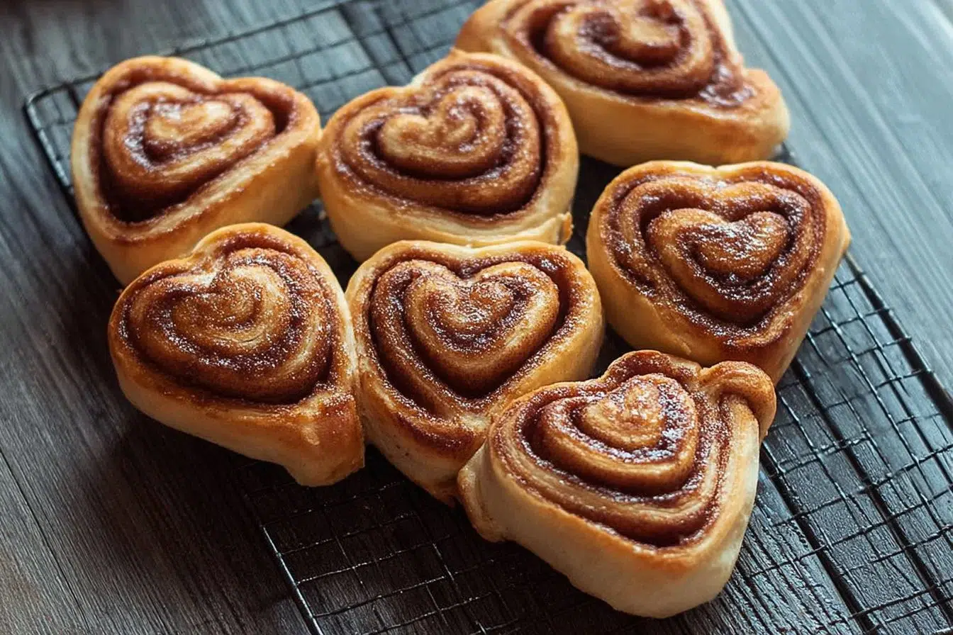 Delicious heart-shaped cinnamon rolls fresh out of the oven