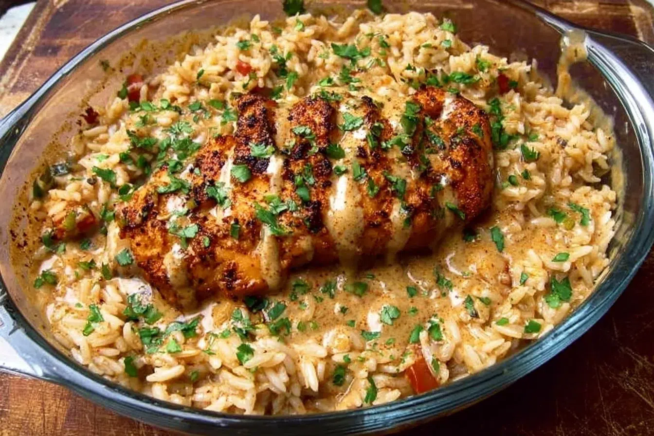 High protein creamy Cajun chicken served with rice for a delicious meal.