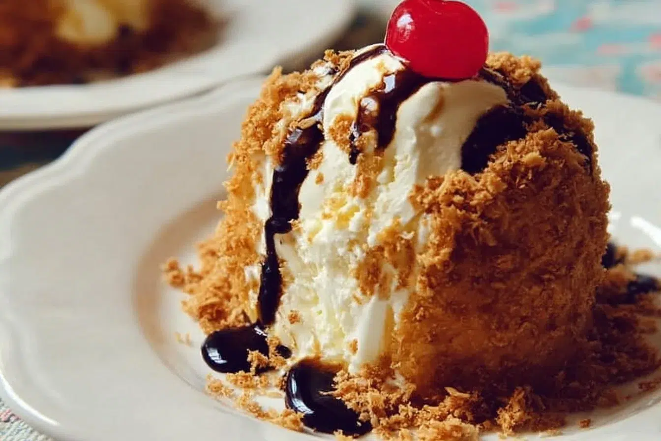 Delicious homemade fried ice cream served with toppings.