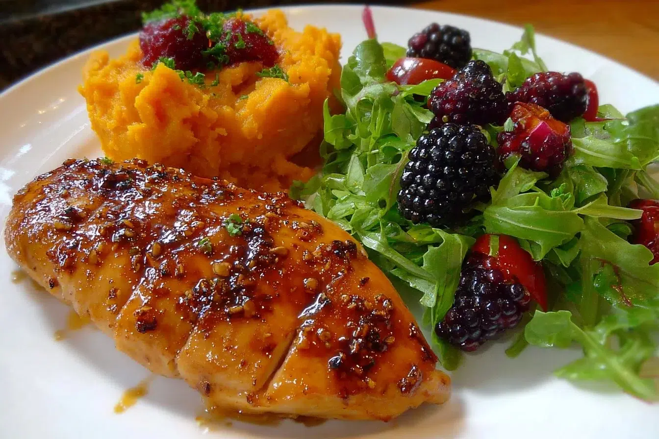 Honey Garlic Chicken served with sweet potato mash and berry salad