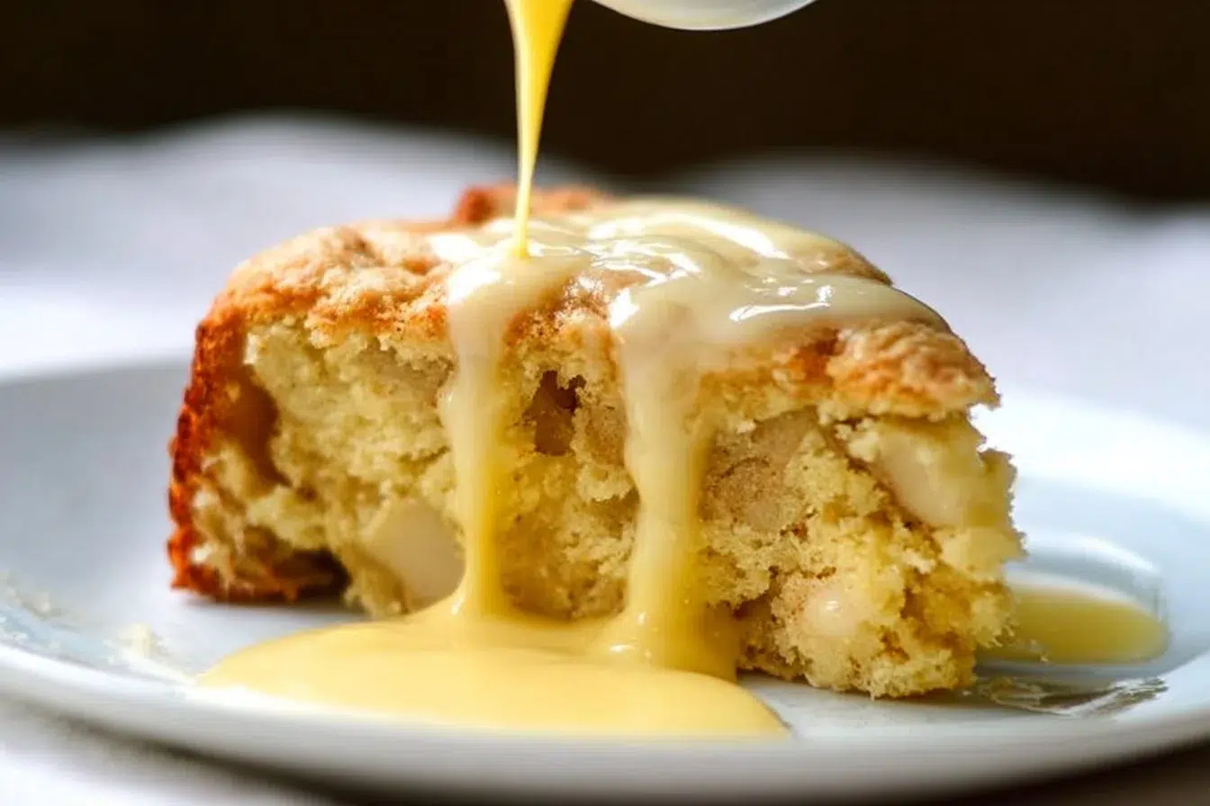Irish Apple Cake served with creamy custard sauce