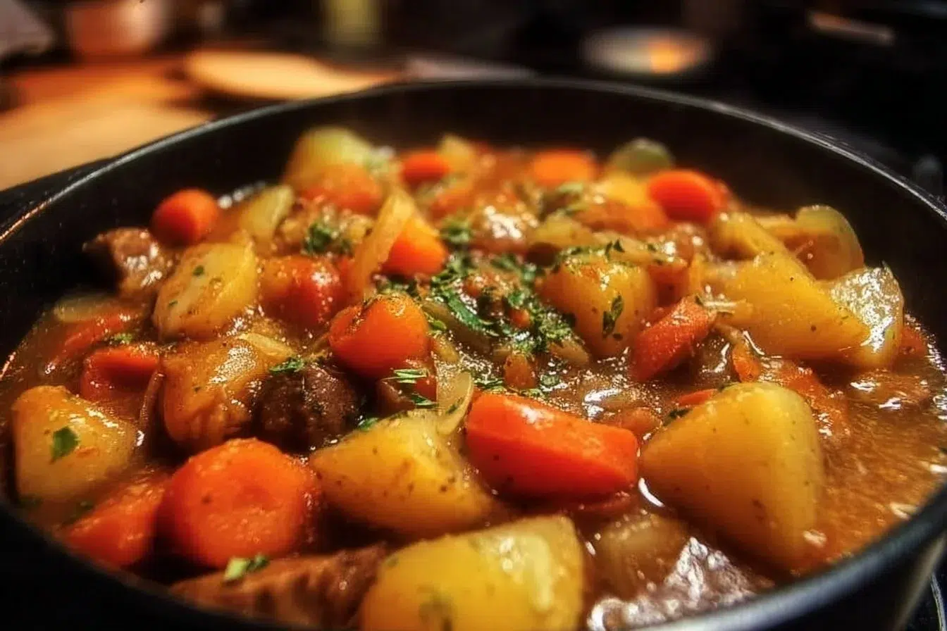 A delicious bowl of Irish vegetarian stew with colorful vegetables and herbs