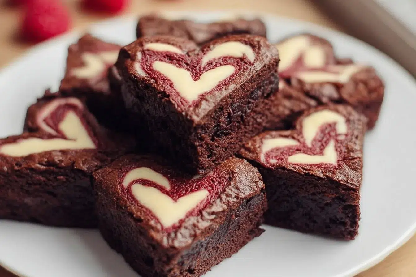 Heart-shaped chocolate brownies on a plate, a delicious dessert treat.