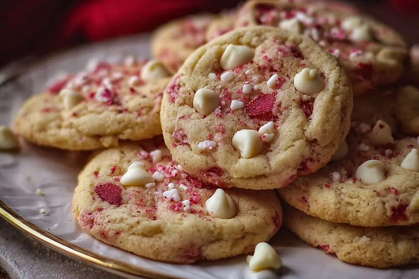 Strawberry white chocolate cookies decorated for Valentine's Day