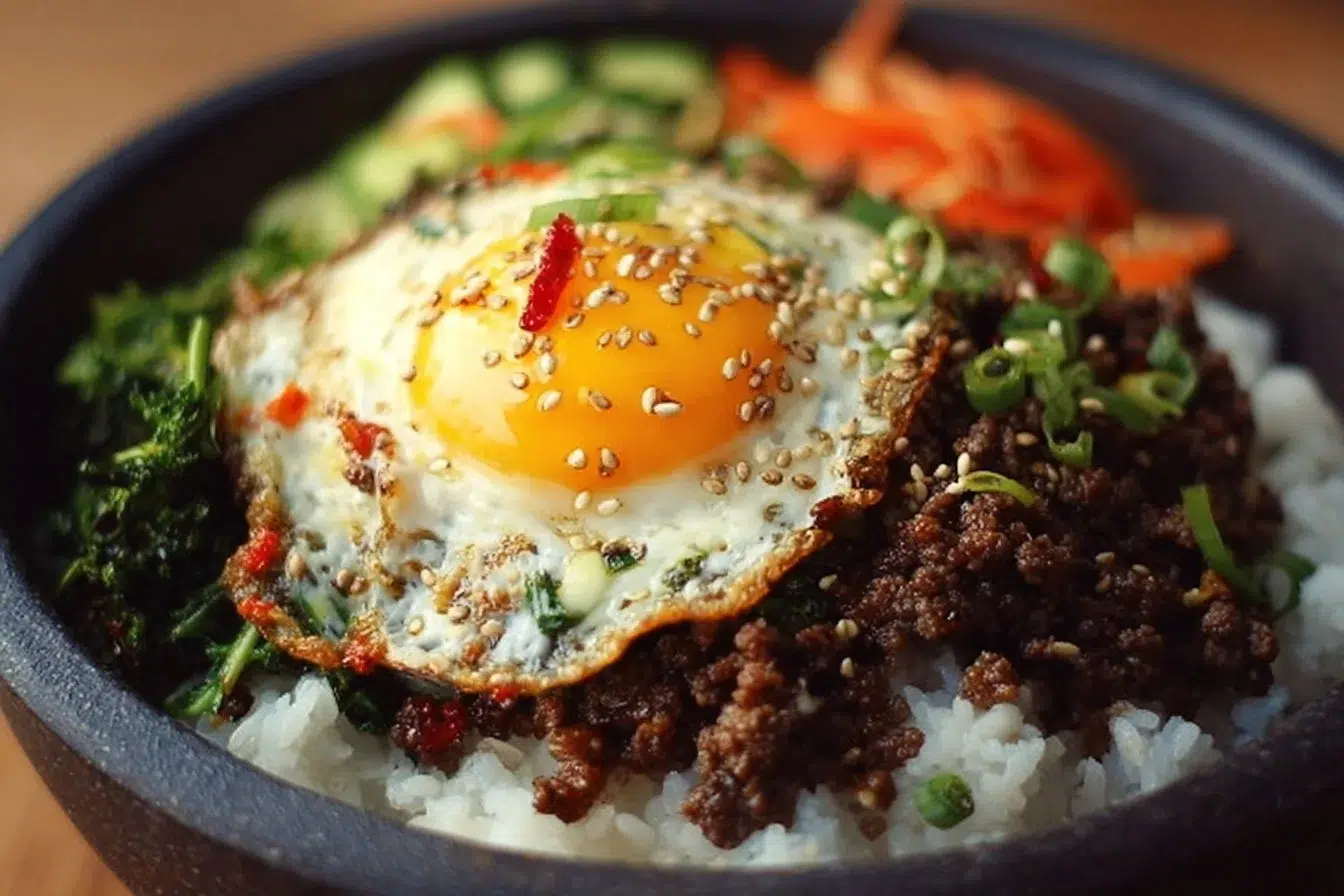 Delicious Korean Ground Beef Bowl topped with scallions and sesame seeds.