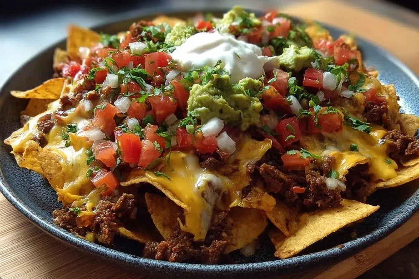 Delicious loaded beef nachos topped with cheese, jalapenos, and salsa.