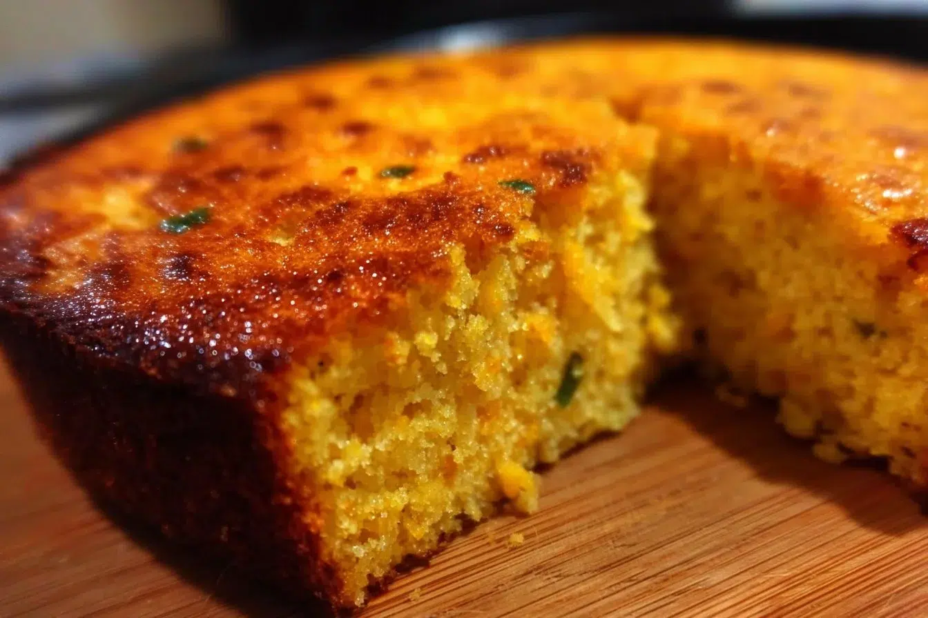 A slice of loaded Creole cornbread topped with jalapeños and cheese.