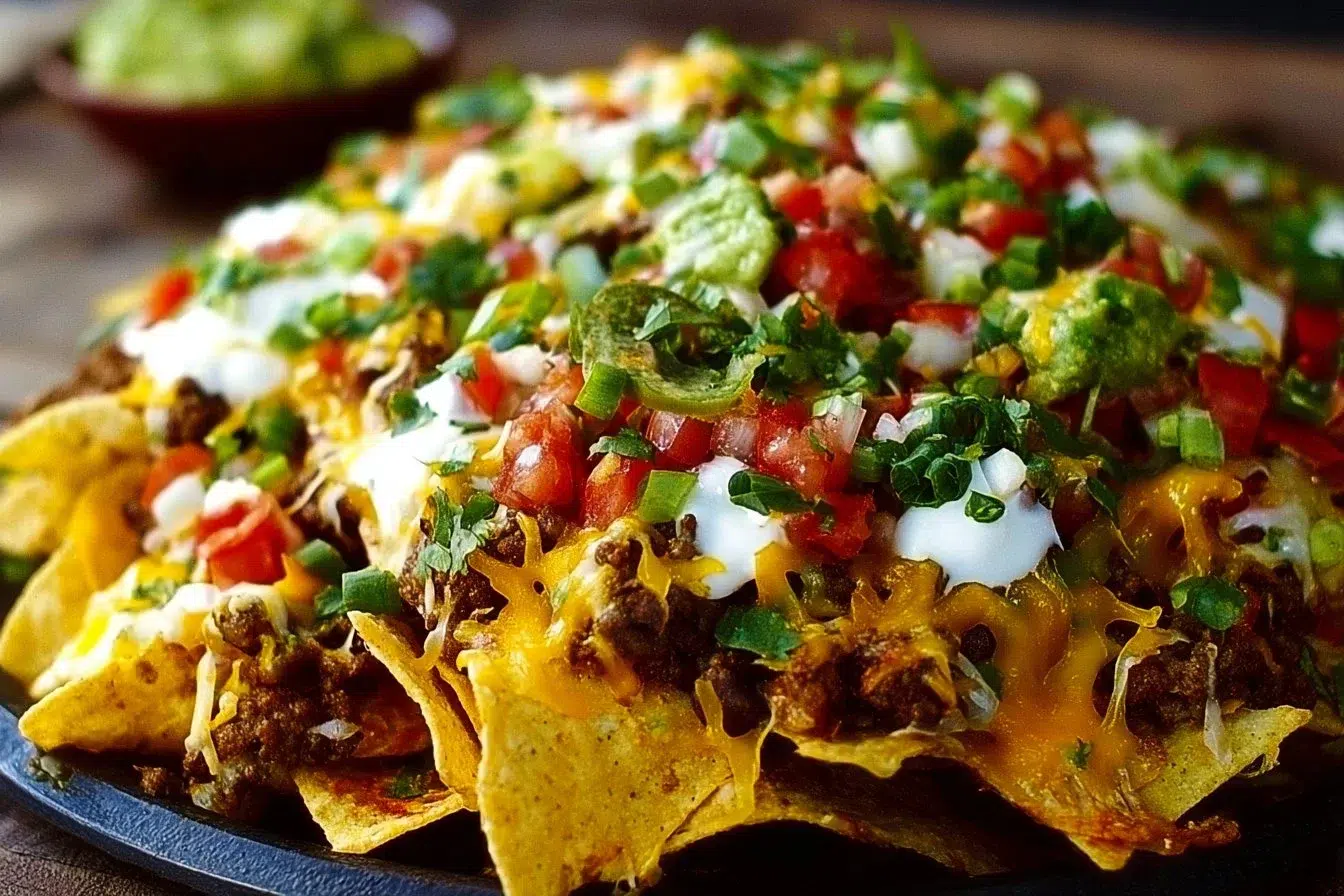 Deliciously loaded nachos topped with cheese, jalapeños, and fresh toppings.
