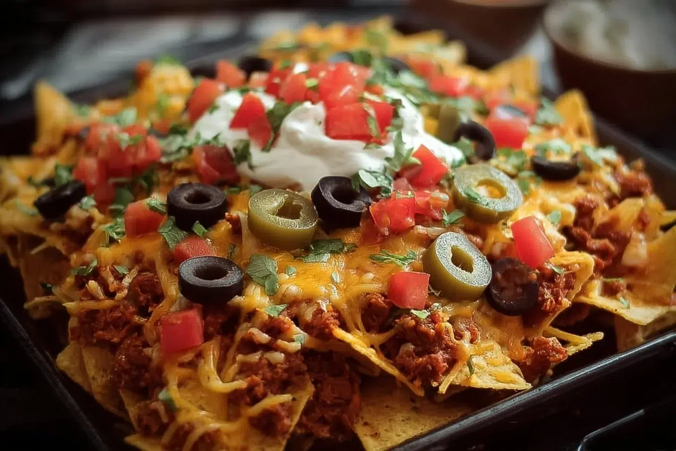 Plate of Loaded Nachos Supreme topped with cheese, jalapeños, and sour cream.