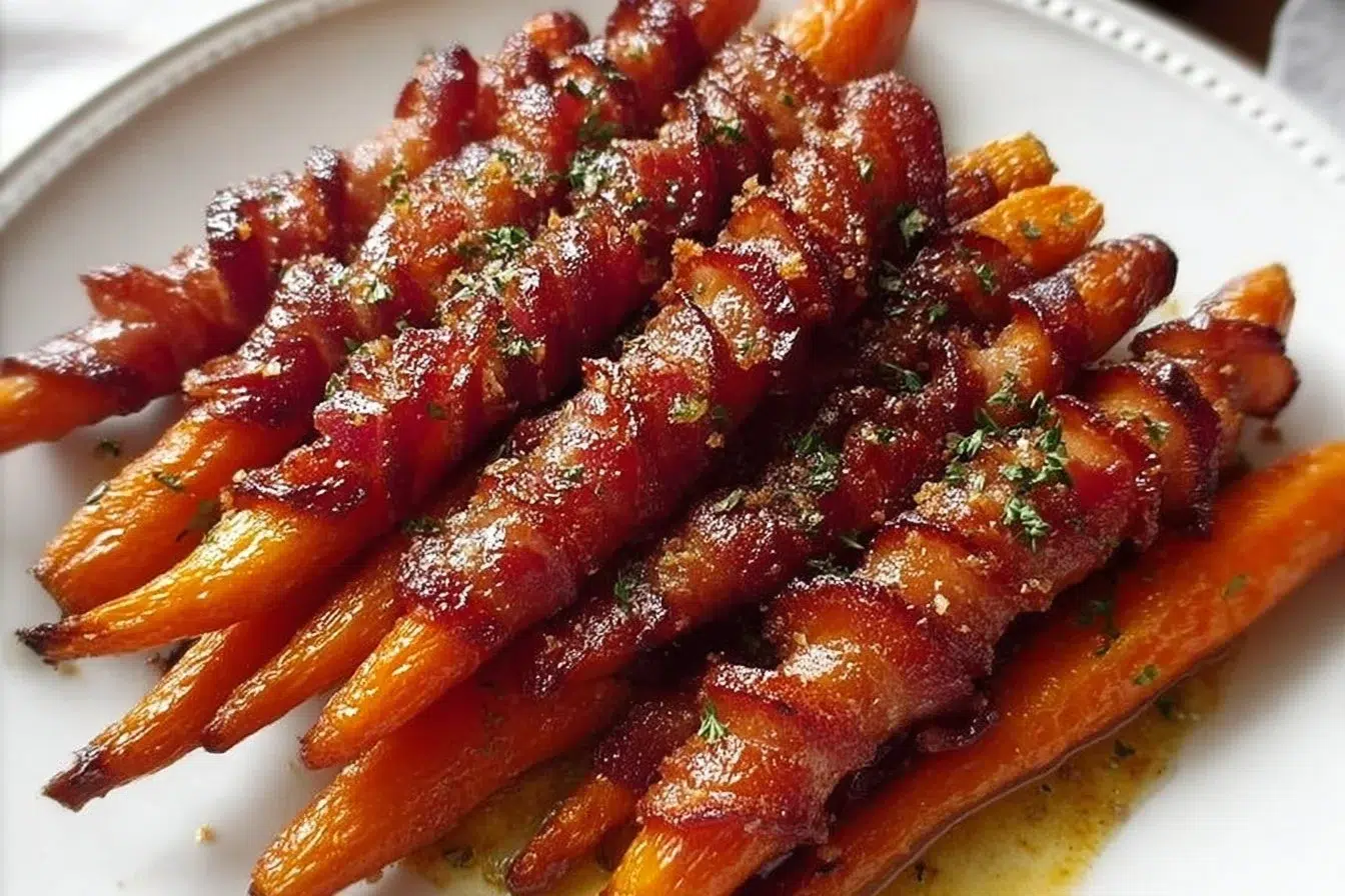Roasted maple bacon carrots garnished for a flavorful side dish