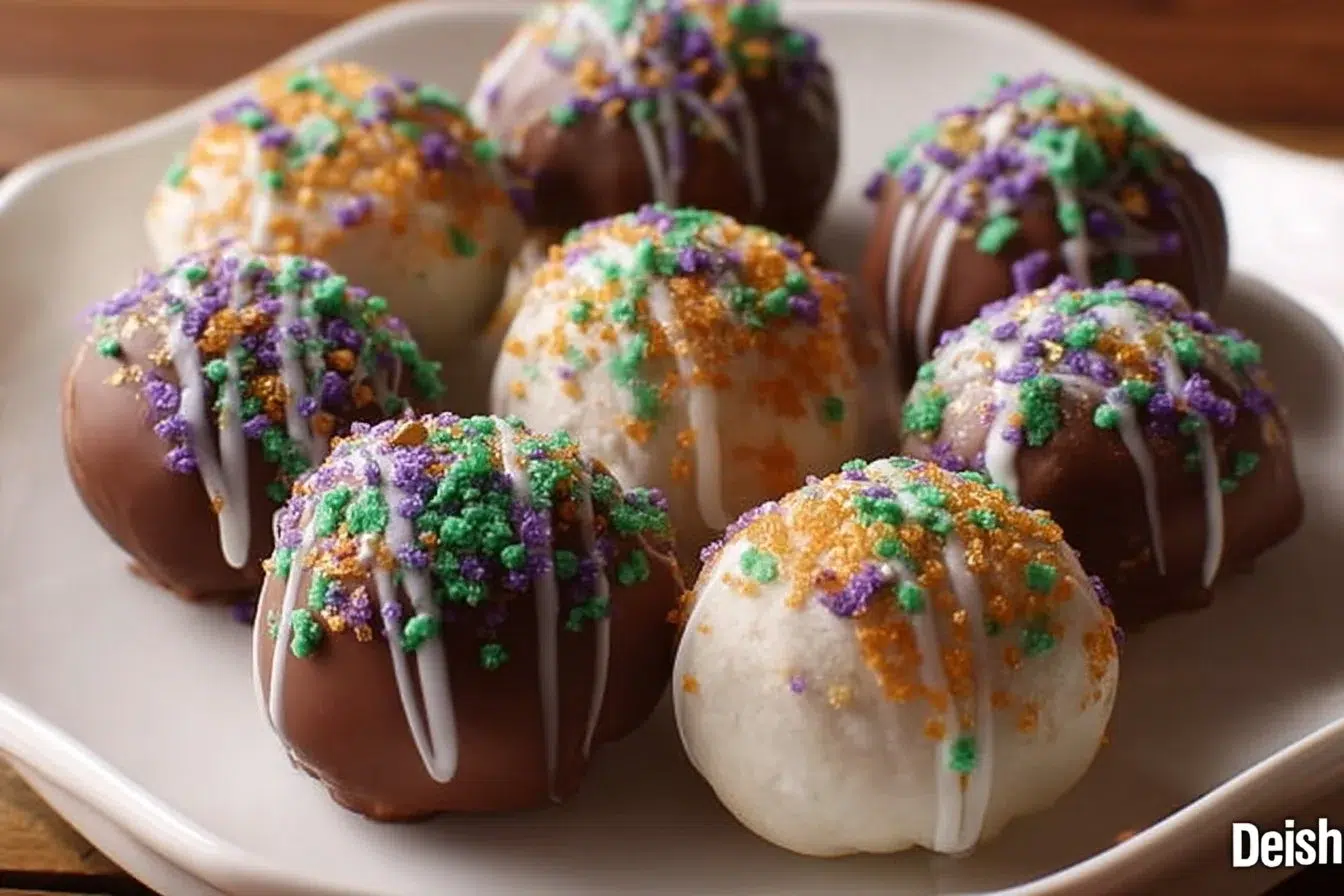Colorful and festive Mardi Gras Truffles decorated for the celebration