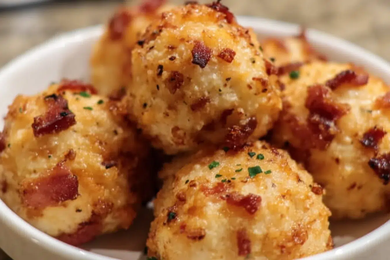 Mini Bacon Ranch Cheeseballs served on a platter with herbs