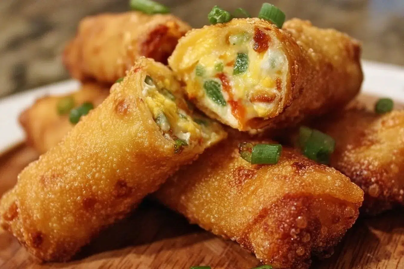 Mini jalapeño popper egg rolls filled with cheese and jalapeños.
