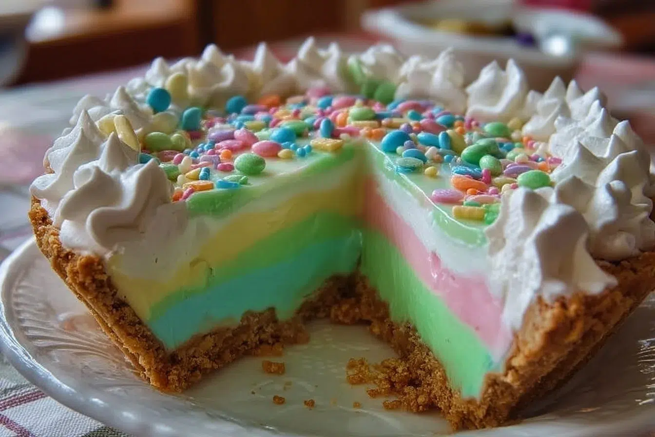 No Bake Jello Pie with fruit toppings on a plate