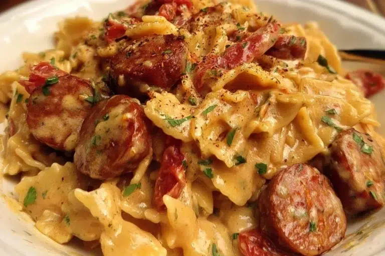 Delicious bowl of One Pot Creamy Cajun Sausage Pasta garnished with herbs