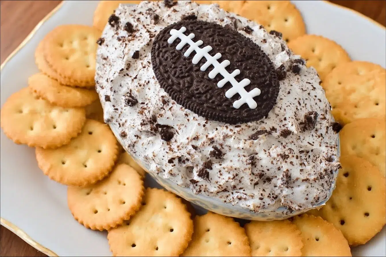 Oreo Cream Cheese Football Dip served in a bowl with Oreo cookies on top