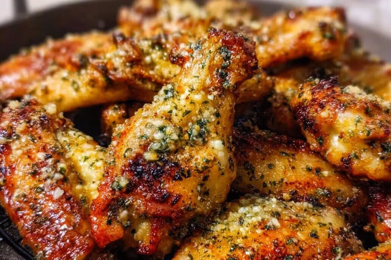 Oven-roasted garlic parmesan wings, golden and crispy, garnished with herbs.