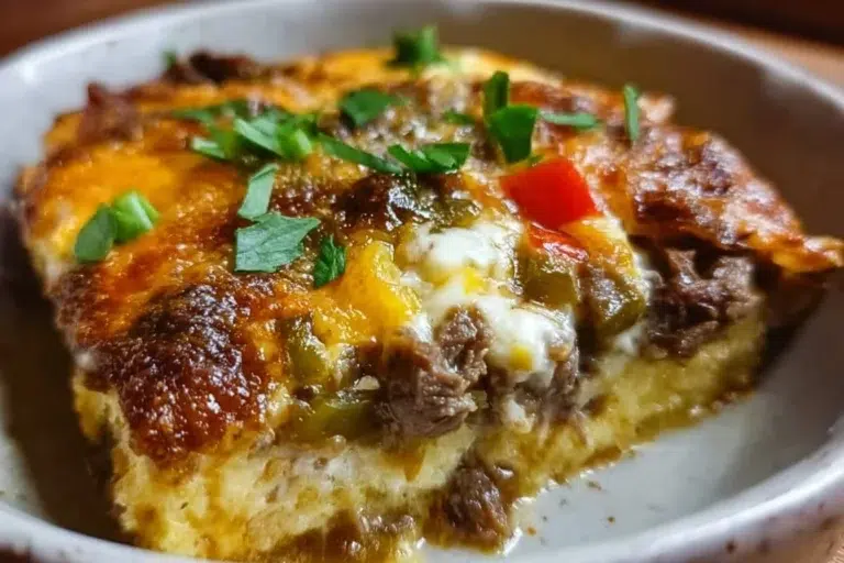 Delicious Philly Cheesesteak Casserole topped with melted cheese and peppers.