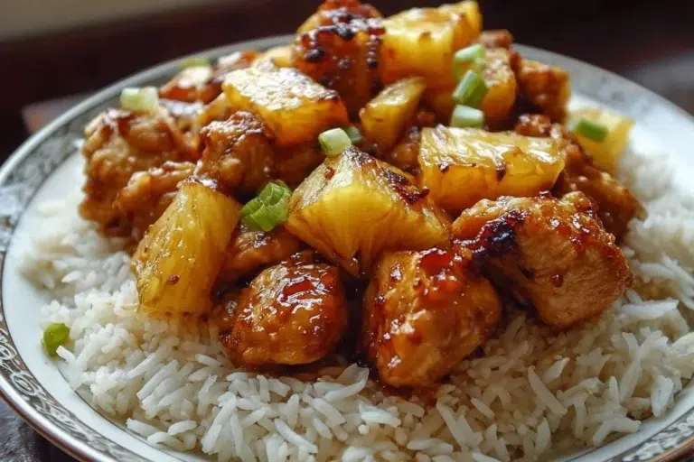 Pineapple Chicken and Rice dish served on a plate