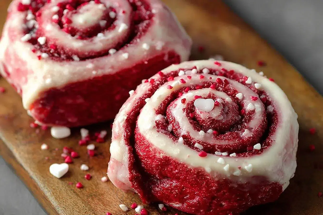Red Velvet Valentine's Day cinnamon rolls topped with cream cheese frosting.