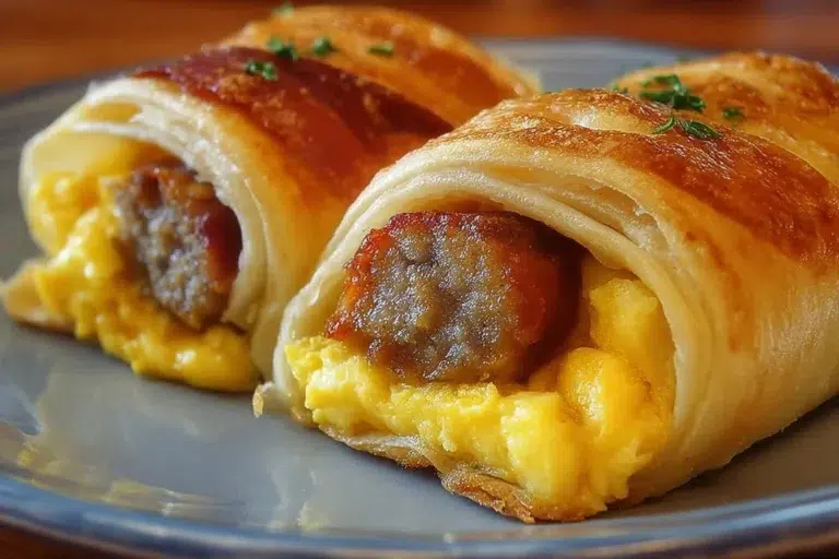 Delicious sausage egg breakfast roll-ups served on a plate.