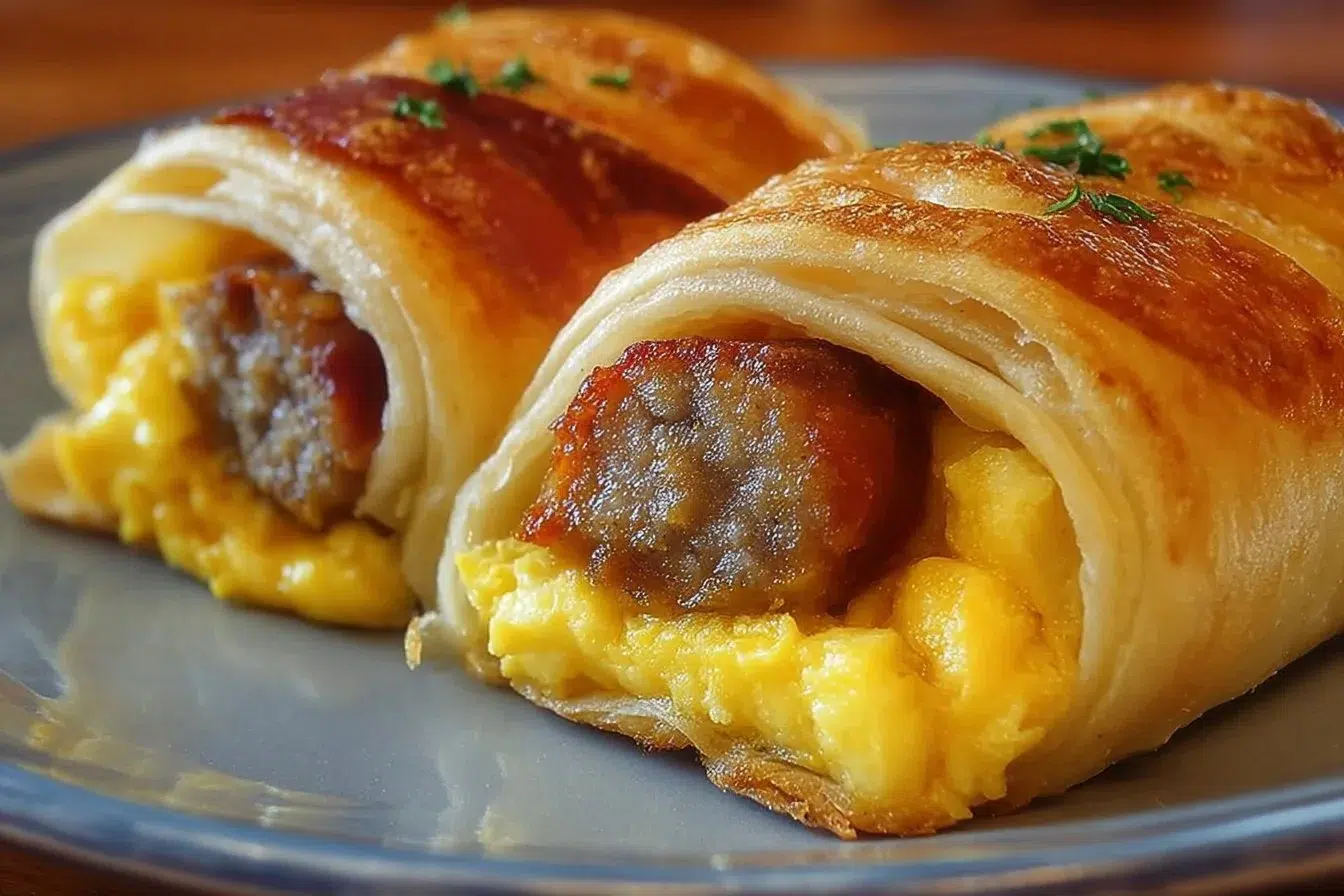 Delicious sausage egg breakfast roll-ups served on a plate.