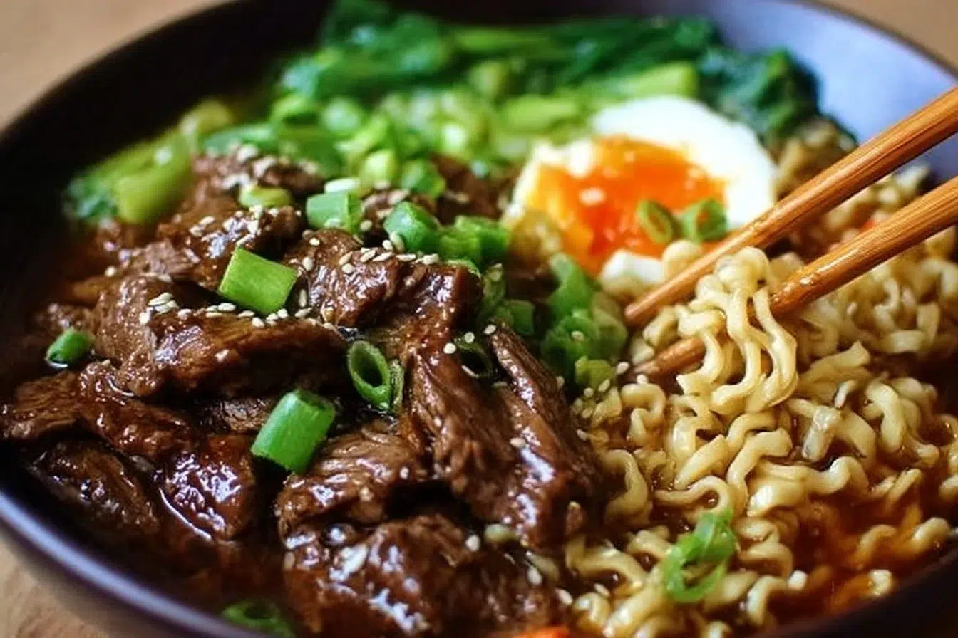 A bowl of slow cooker beef ramen noodles topped with green onions and soft boiled eggs.
